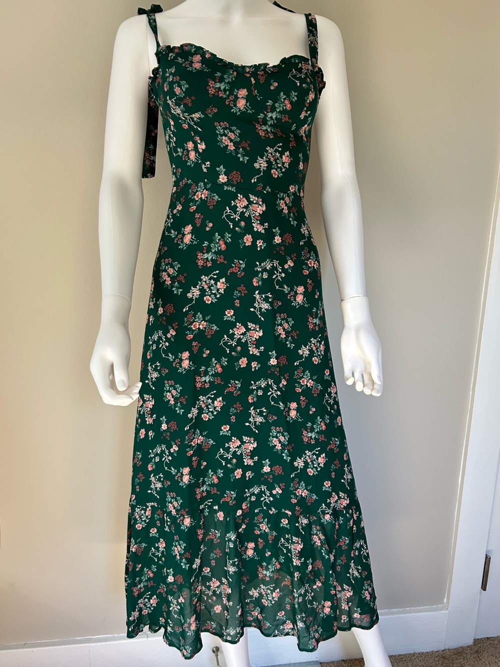 Reformation Green Floral Midi Dress Size 0 Tie Strap Ruffle Hem Cottagecore
